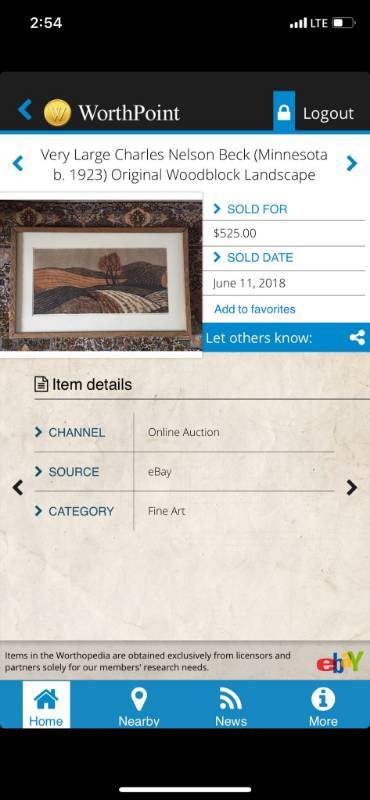 lot 90 image: Large CHARLES NELSON BECK Original Hand Colored Woodblock Landscape