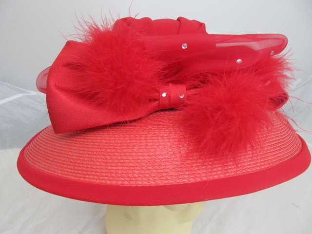 lot 66 image: ML STUDIO Red Womens Church Hat w Red Feather & Bow Accent