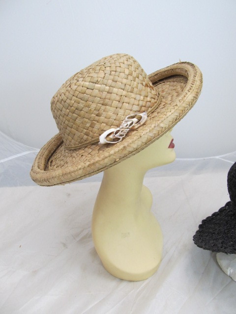 lot 68 image: Set of two 9 WEST Summer Hats - Woven w Shell Accent & Black Sun Hat