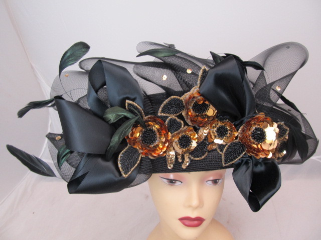 lot 69 image: BEAUTIFUL ASHRO Fancy Womens Church Hat - Black w Gold Sequence & Beaded Flowers