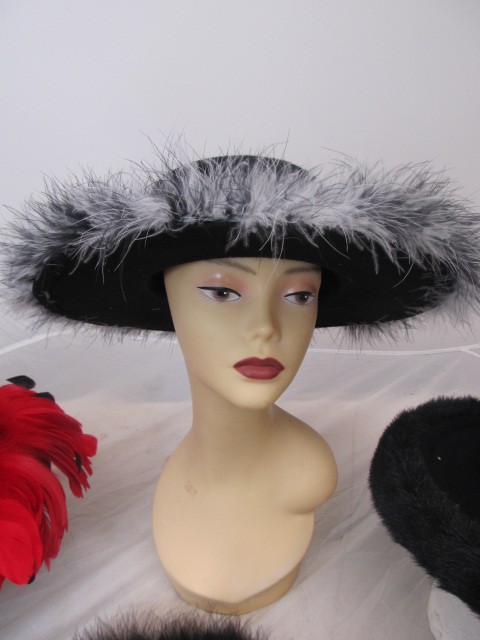 lot 86 image: Group of 4 Womens Fancy Hats w Fur & Feather Decorated Brims