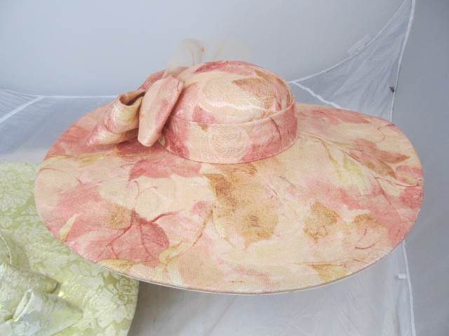 lot 93 image: TWO ASHRO Extra Wide Brim Womens Fancy Hats- Butter Cream & RosePineapple w Floral Pattern 