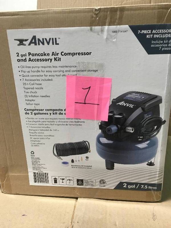 lot 1 image: ANVIL 2G Pancake Air Compressor with 7-Piece Accessories Kit in like new condition