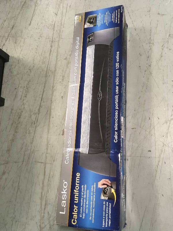 lot 12 image: Lasko Heaters 1500 Watt Low Profile Silent Room Heater with Digital Display - Bl in like new condition