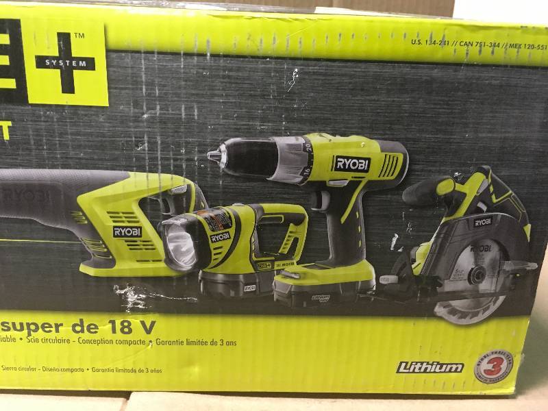 lot 23 image: Ryobi 18-Volt ONE Lithium-Ion Cordless 4-Tool Super Combo Kit with (2) 1.3 Ah Batteries, Dual Chemistry Charger, and Tool Bag in in like new condition