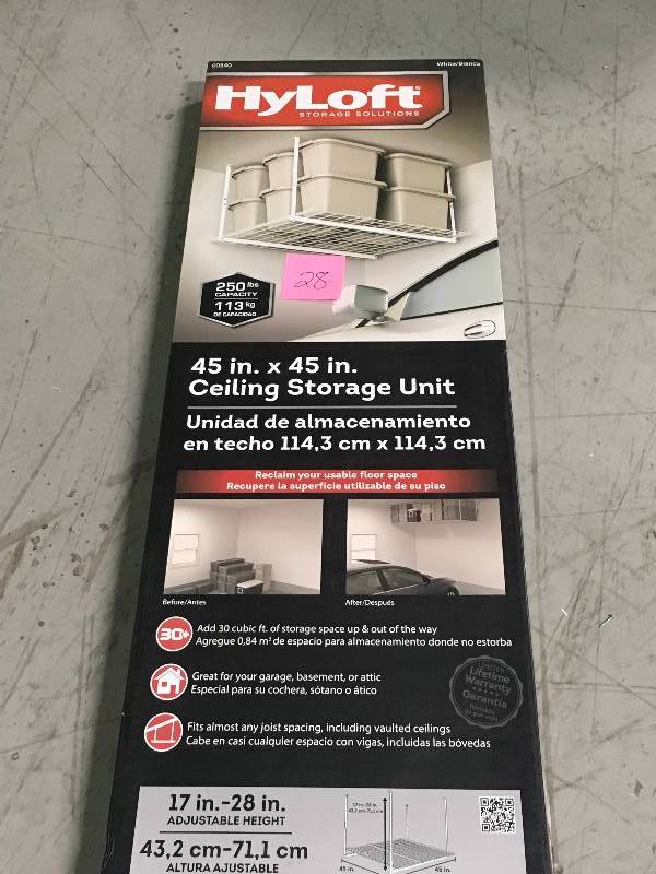 lot 28 image: HyLoft 45 in. W x 45 in. D Garage Ceiling Mount Storage Unit in White in like new condition