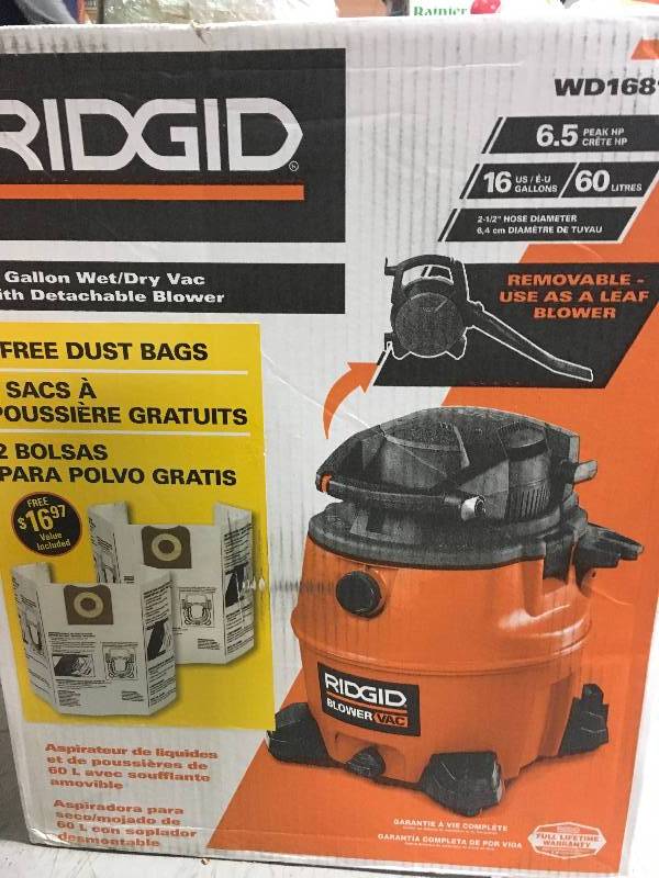 lot 29 image: RIDGID 16 gal. 6.5-Peak HP Wet Dry Vac with Detachable Blower and 2 Bonus Filter Bags not used