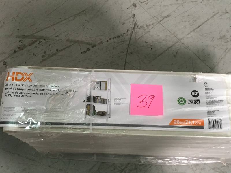 lot 39 image: HDX 4-Shelf 15 in. D x 28 in. W x 52 in. H White Plastic Storage Shelving Unit not used