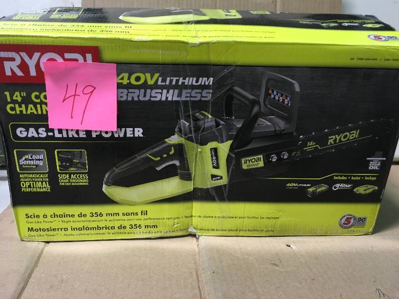 lot 49 image: Ryobi 14 in. 40-Volt Brushless Lithium-Ion Cordless Chainsaw 1.5 Ah Battery and Charger Included in like new condition