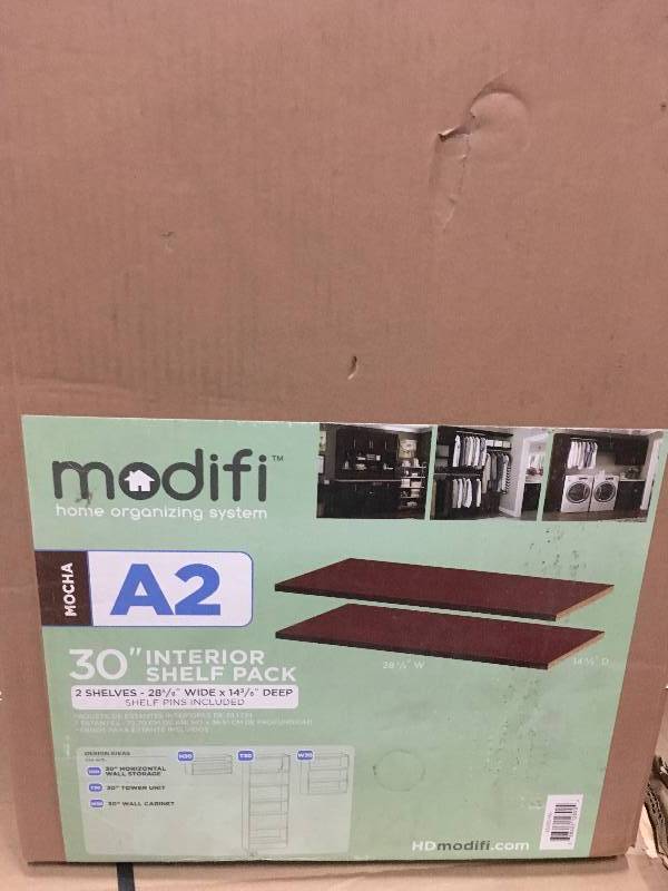 lot 67 image: Modifi 28-58 in. W x 0.75 in. H x 14-38 in. D Melamine Adjustable Shelf in Mocha (2-Pack) not used