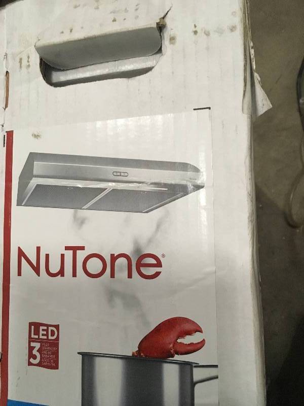 lot 68 image: NuTone Osmos Deluxe 30 in. Convertible Under Cabinet Range Hood with Light in Stainless Steel in like new condition