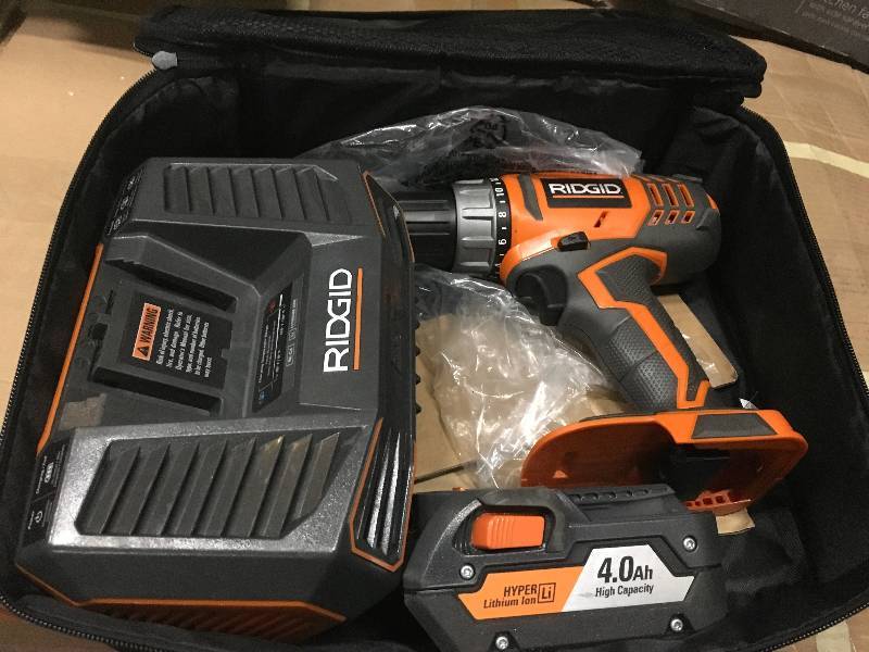 lot 70 image: RIDGID 18-Volt Lithium-Ion Cordless 2-Speed 12 in. Compact DrillDriver Kit with (2) 1.5 Ah Batteries, Charger, and Tool Bag in like new condition