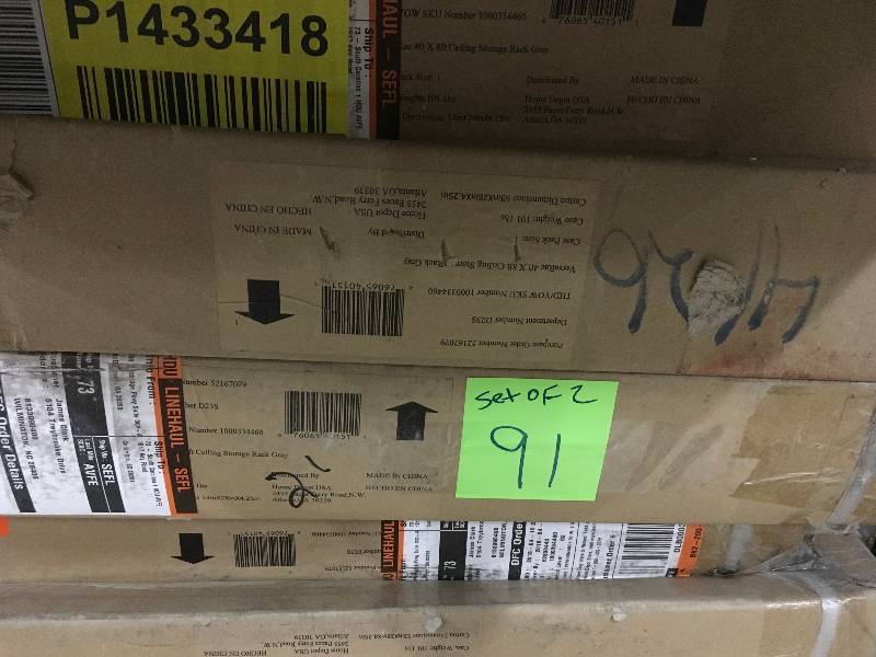 lot 91 image: NewAge Products Performance 96 in. L x 48 in. W x 42 in. H Adjustable VersaRac Ceiling Storage Rack in Gray LOT OF TWO not used