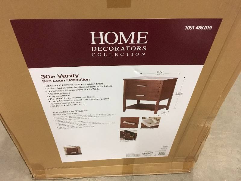 lot 96 image: Home Decorators Collection San Leon 30.5 in. W x 22 in. D x 34.25 in. H Vanity in American Walnut with Vitreous China Vanity Top in White not used