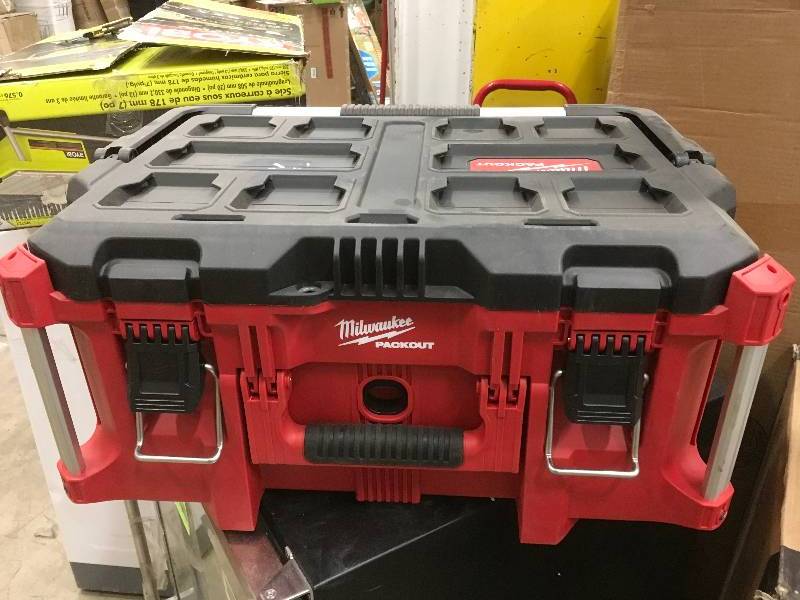 lot 98 image: Milwaukee Packout Toolbox - 22.1Inch L x 6.6Inch W x 16.1Inch H, Model 48-22-8424, metalred not used