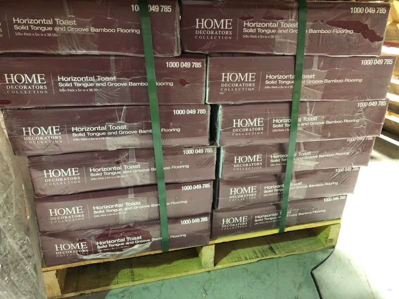 lot 110 image: Home Decorators Collection Horizontal Toast 58 in. T x 5 in. W x 38.59 in. L Solid Bamboo Flooring Covers 24.12 sq. ft.for case 12 cases not used