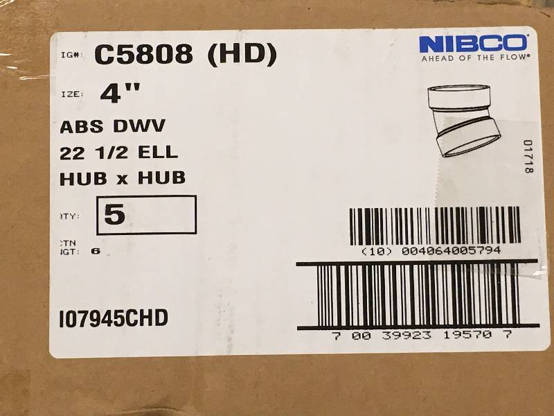 NIBCO 4 In. ABS 22-12 Degree Elbow (116 Bend) Hub x Hub CASE 5 PCS not used