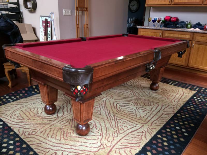 lot 1 image: WOW SPECTACULAR & GORGEOUS HIGH QUALITY VINTAGE HERCULES ARTS & CRAFTS POOL TABLE OWNERS INFO ITS A REGULATION POOL TABLE 48X72 LONG ON THE INSIDE SURFACE...RAILS ARE IN AMAZING SHAPE MADE OF THICK SLATE
