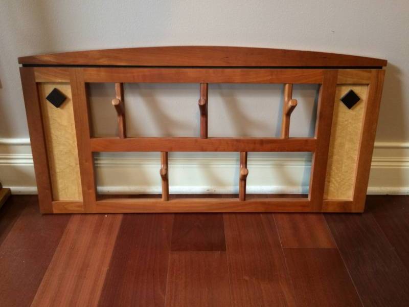 lot 9 image: MSRP $500 KRANTZ CUSTOM DESIGNED WALL MOUNT 5 HOOK BIRDS EYE MAPLE WOOD COAT HAT RACK - LIKE NEW CONDITION (CURRENTLY SOLD OUT ON KRANTZ DESIGN WEBSITE)