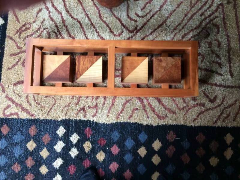 lot 10 image: MSRP $600&nbspKRANTZ CUSTOM DESIGNED WALL MOUNT&nbspDECORATIVE ART PIECE FEATURING COMBINATION -&nbspBubinga, Kewazinga, radical Redwood Burl, American Black Cherry, Walnut, Curly Cherry,&nbspWenge and Birdseye Maple LIKE NEW CONDITION