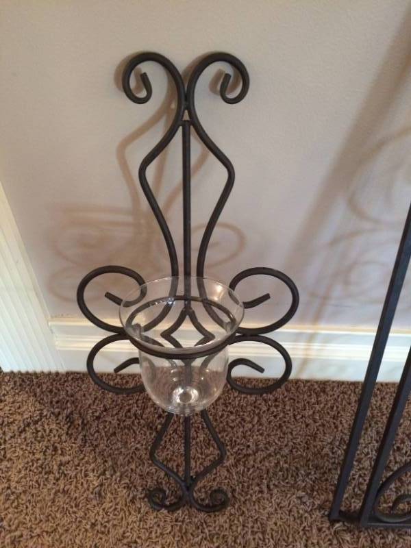 lot 22 image: Decorative Extra Large Wrought Iron Scroll Wall Panel With Matching Candle Holder Glass Sconces - Excellent Conditon