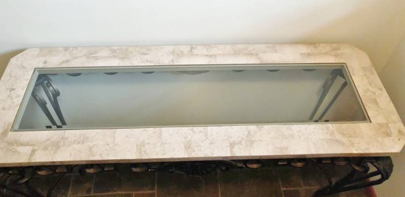 lot 15A image: BEAUTIFUL MARBLE IRON & GLASS TOP FOYER CONSOLE SOFA TABLE - EXCELLENT CONDITION VASE AND RUNNER NOT INCLUDED