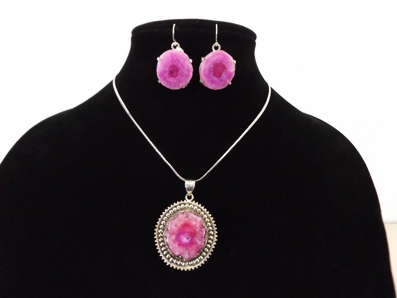 lot 19 image: .925 Sterling Silver Pink Solar Quartz Druzy NecklacePendant and Earring Set