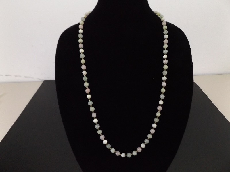 lot 35 image: White, Pink, and Green Jade Bead Sterling Necklace