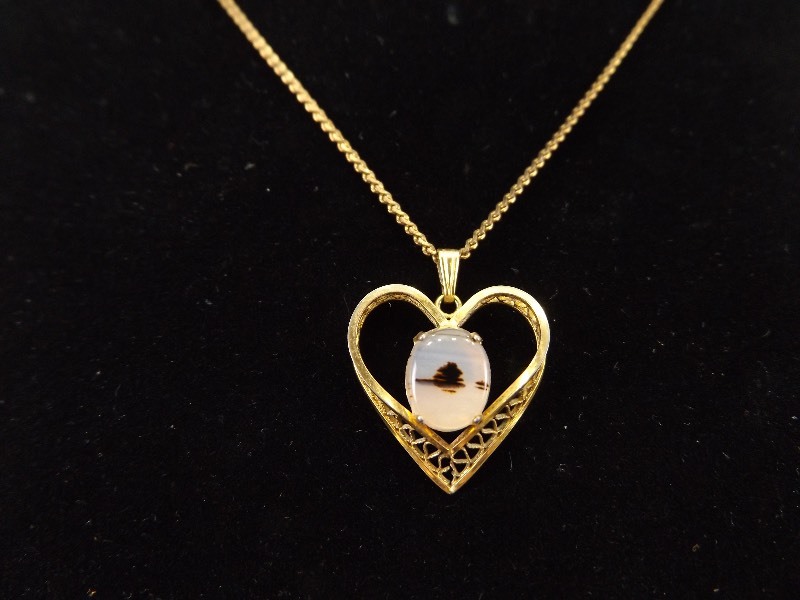 lot 38 image: 12k Gold Fill Heart Agate Pendant on 14k Gold Fill Necklace