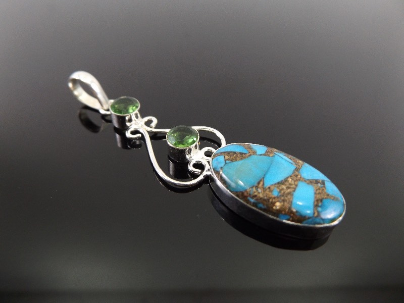 lot 45 image: .925 Sterling Silver Copper Blue Turquoise and Peridot Accents Pendant 