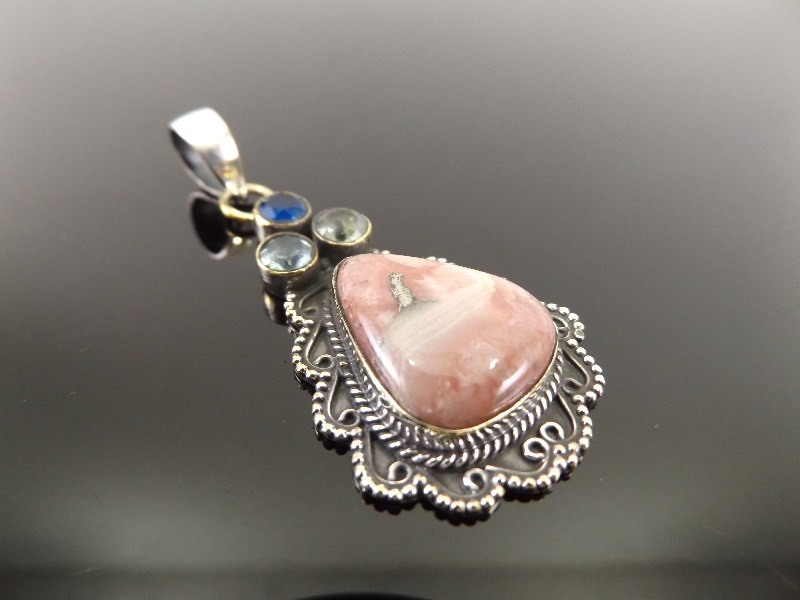 lot 46 image: .925 Sterling Silver Pink Rhodochrosite with Multi Gemstone Pendant