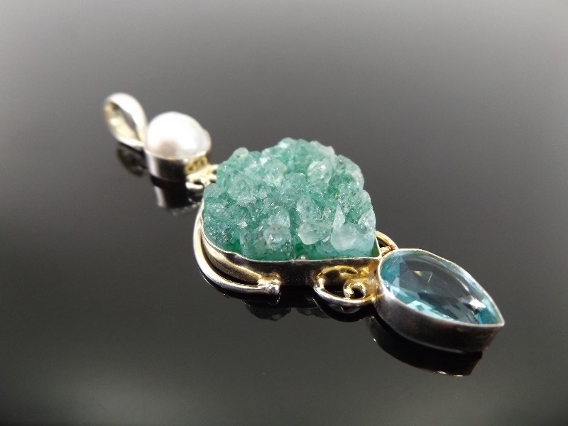 lot 48 image: .925 Sterling Silver Blue Green Druzy with Pearl and Blue Topaz Accent&nbspPendant