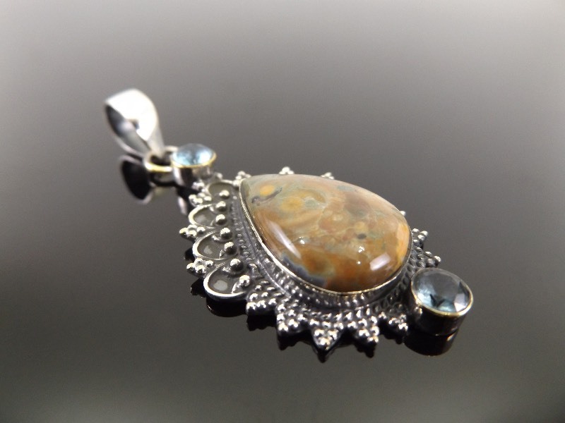 lot 49 image: .925 Sterling Silver Rainforest Jasper with Light Blue Topaz Pendant