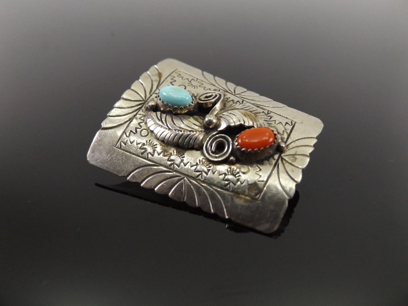 lot 56 image: .925 Sterling Silver Turquoise and Coral Bolo Tie Pendant