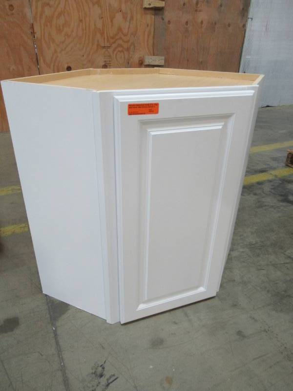 lot 141 image: Hampton Bay Assembled 24x30x12 in. Diagonal Corner Wall Kitchen Cabinet in Satin White, Model KWD2430-SW