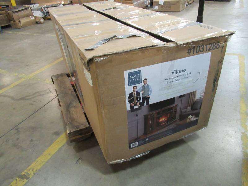lot 16 image: Scott Living 68-in W Chestnut Infrared Quartz Electric Fireplace 1317FM-33-202 - Cracked corner of mantle.