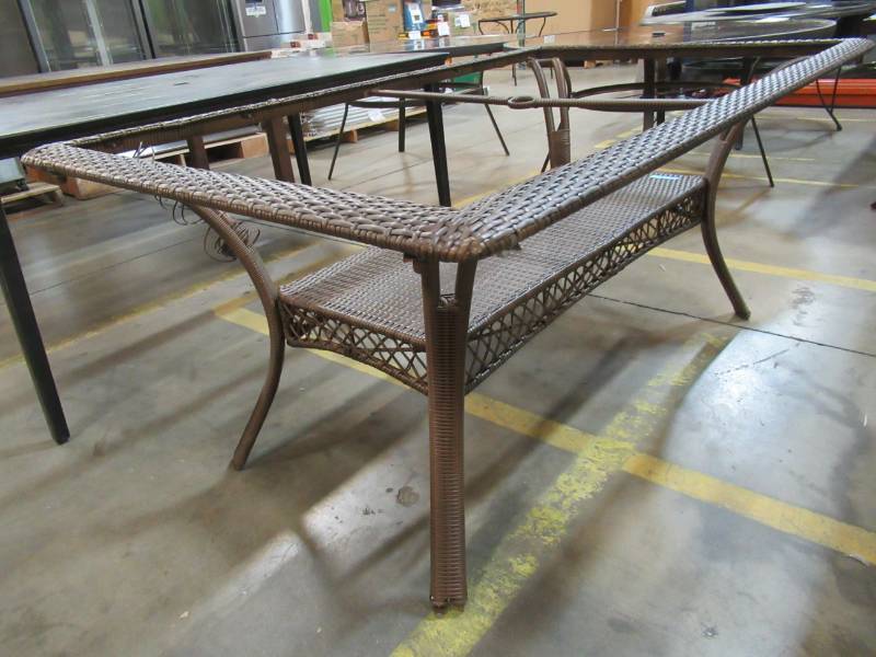 lot 209 image: Metal and Rattan Patio Table, 65 X 40 X 29 Tall. - Missing Glass Top