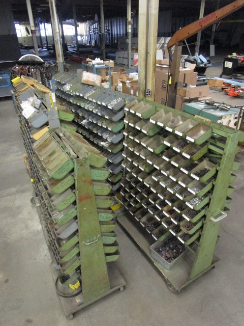 ROLLINS PARTS BIN RACKS WITH BINS AND CONTENTS