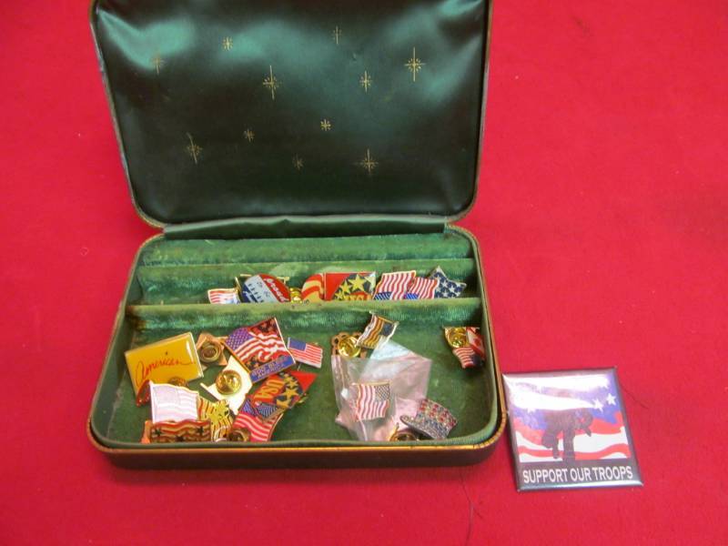 lot 46 image: vintage jewelry box, USA pins
