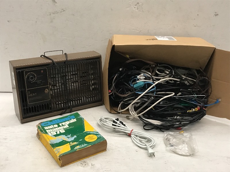 lot 59 image: Chilton Auto Manual, Electric Heater, Assorted Electronics Cords