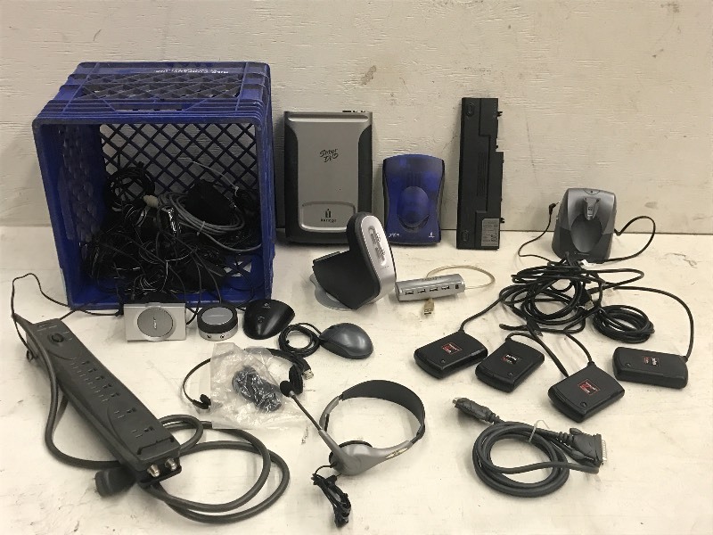 lot 72 image: Plastic Blue Bin of Misc Electronic...
