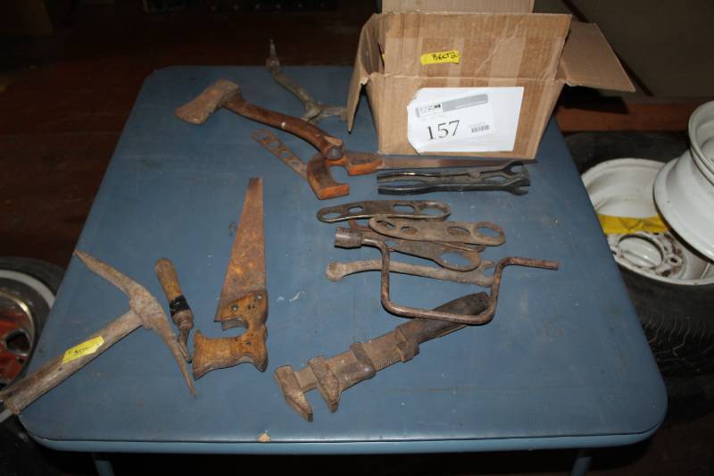 lot 157 image: Old Tools - Axe, Saw, Pipe Wrench, Hatchet, Tongs, And More
