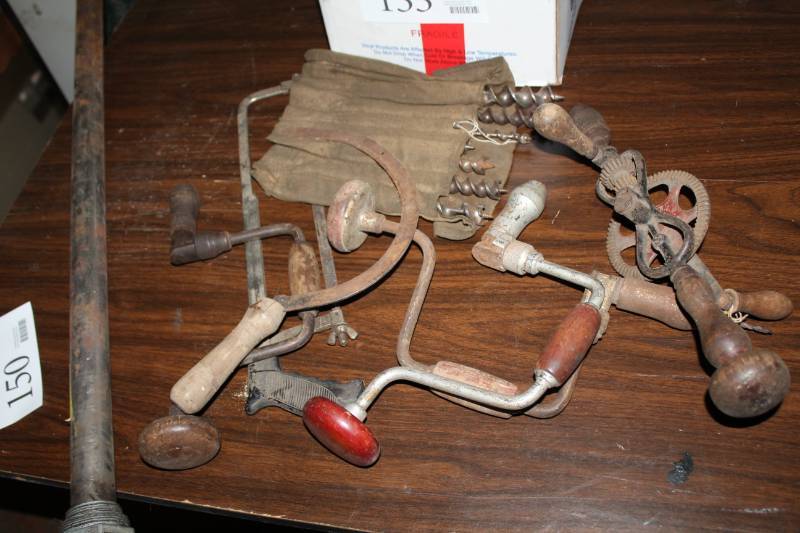 lot 155 image: Old Tools - Drills with Tool Belt, Hand Drills, Hack Saw, And More