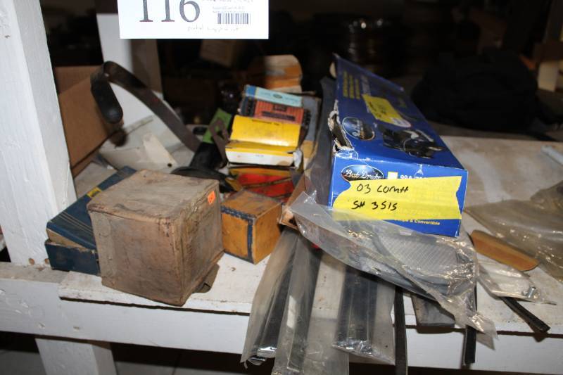 lot 116 image: 2003 Corvette Trunk Lid Support For 1939-1940s Ford and Mercury Coupe, Corvette Chrome License Plate Bezel, Visors, Chrome Moulding, Fuel Pump, Engine Bearings, Brake Hose, Hitch, Partial King Pin Set