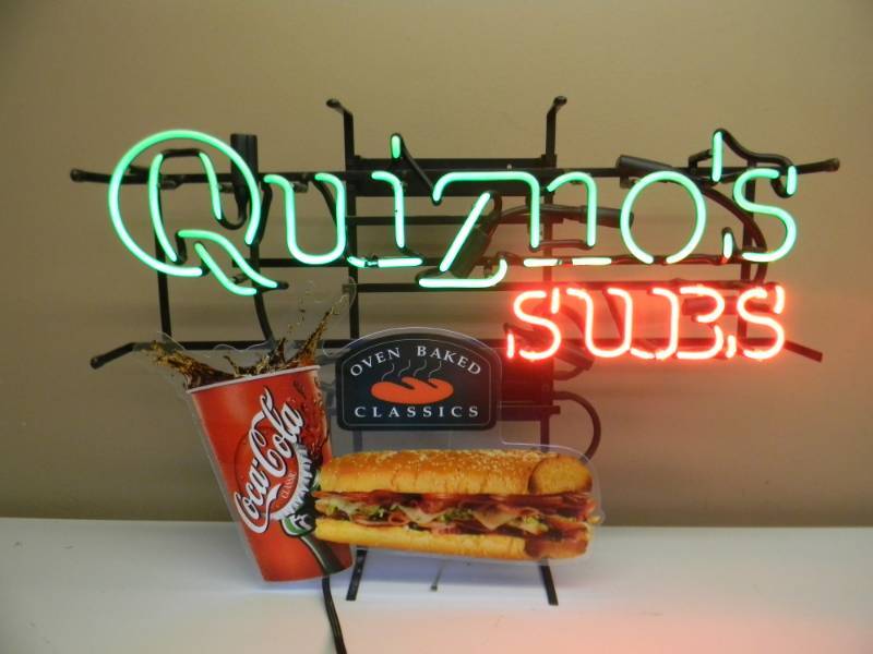 lot 9 image: RARE VINTAGE QUIZNOS SUBS  COCA COLA NEON LIGHT - WORKS GREAT - NICE PIECE - APPROX 28 BY 20 - SEE PICTURES