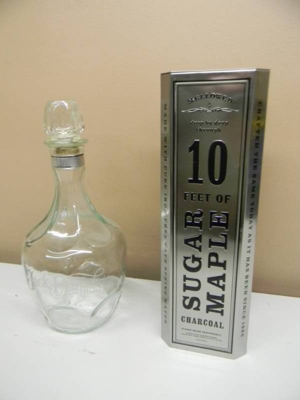 lot 38 image: COLLECTIBLE JACK DANIELS ETCHED BOTTLE & TIN - SEE PICTURES