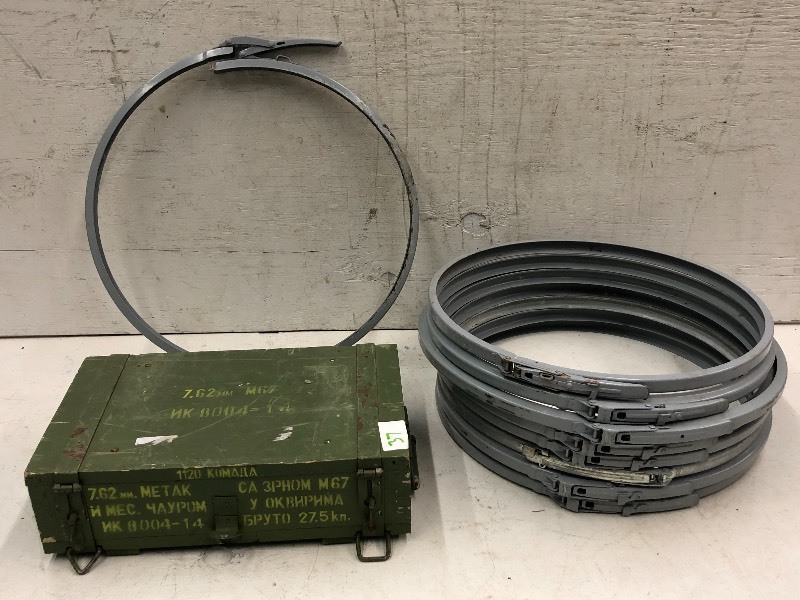lot 37 image: Military Projectile Box & (8) Barrel Lid Clamps