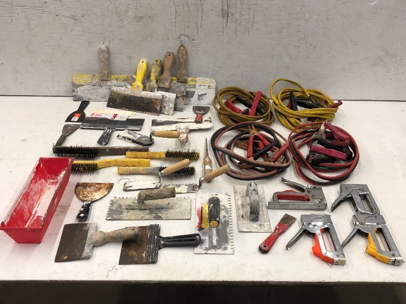 lot 50 image: Assorted Drywall Tools, Jumper Cables, Etc
