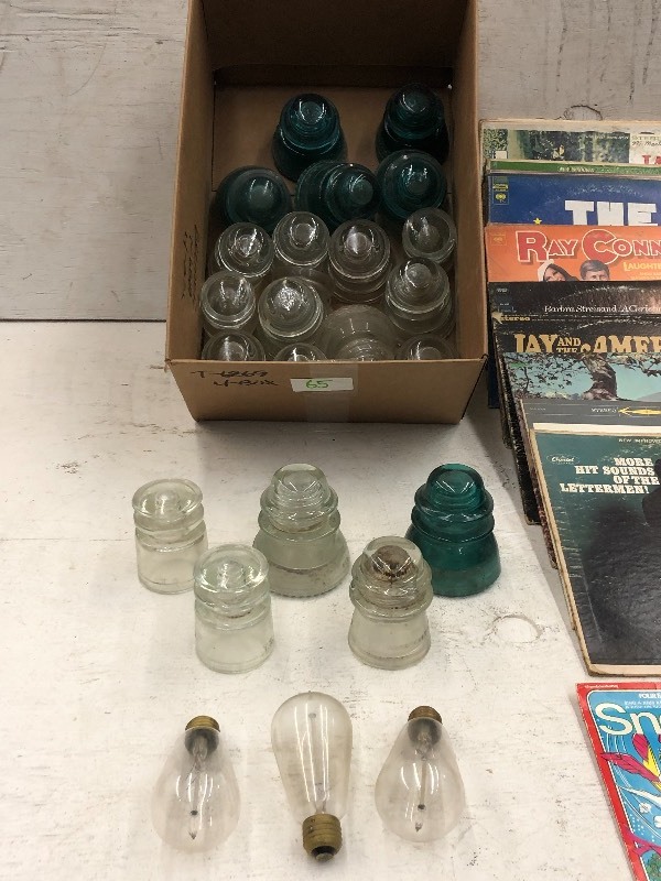lot 65 image: Glass Insulators, Norman Rockwell Prints, Records & 45s, Edison Light Bulbs, Etc