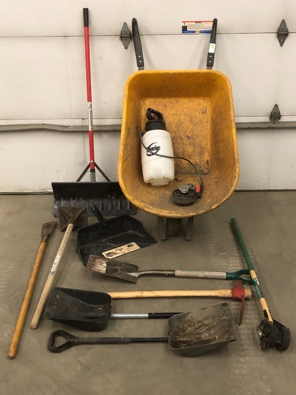lot 89 image: Wheel Barrel, Assorted Hand Tools, Pump Sprayer